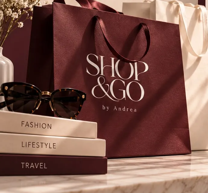 Bolsa de compras Shop&Go by Andrea en color vino junto a libros y gafas de sol