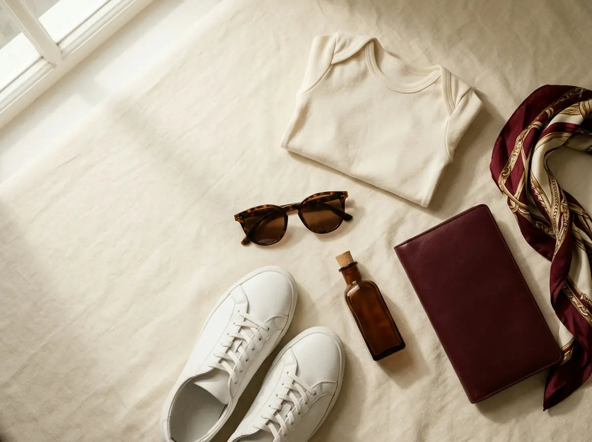 Gafas de sol, zapatillas blancas, ropa de bebé, perfume, billetera y pañuelo sobre lino crema
