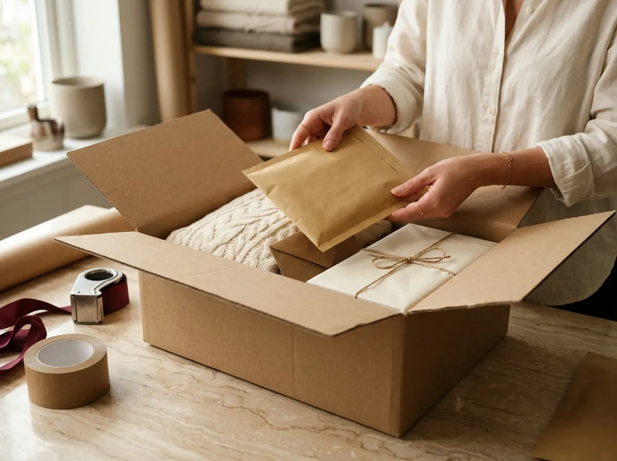 Manos juntando varios paquetes en una sola caja de envío