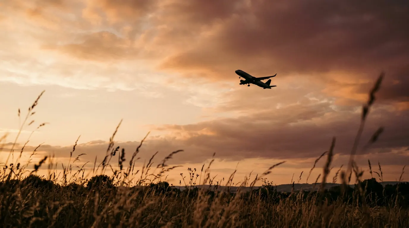 Avión despegando al atardecer sobre un campo, camino al país del cliente