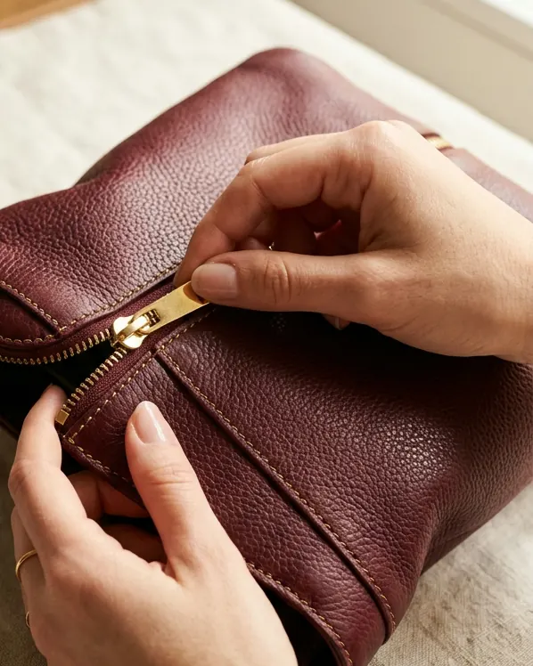 Revisión de la cremallera y las costuras de un bolso de cuero color vino