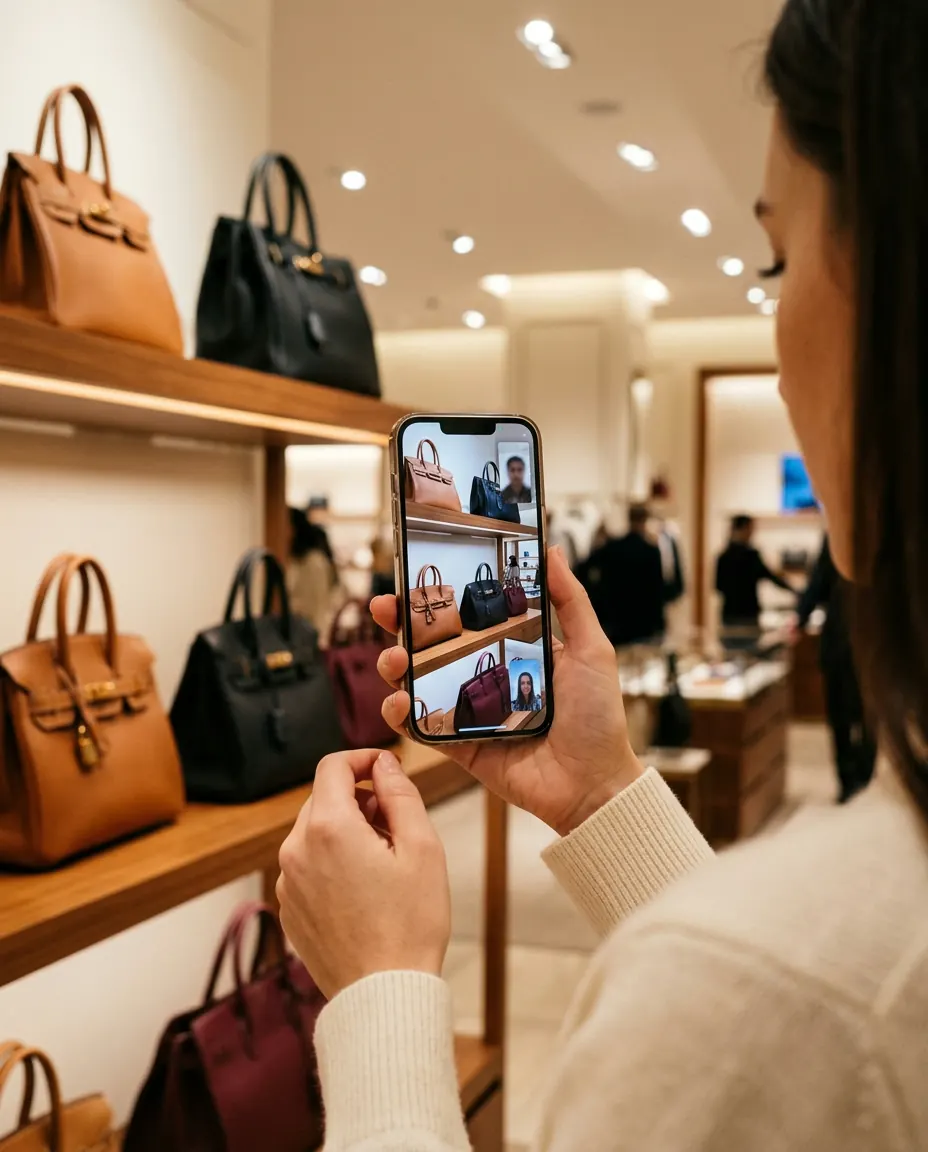 Videollamada desde una tienda mostrando bolsos en la pantalla del teléfono